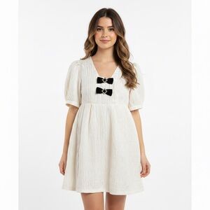 Cream Jacquard Puff Sleeve Babydoll Dress Velvet Bows Coquette Princess Core